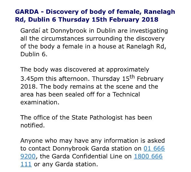 Garda Notice Missing Woman Feb 15 2018