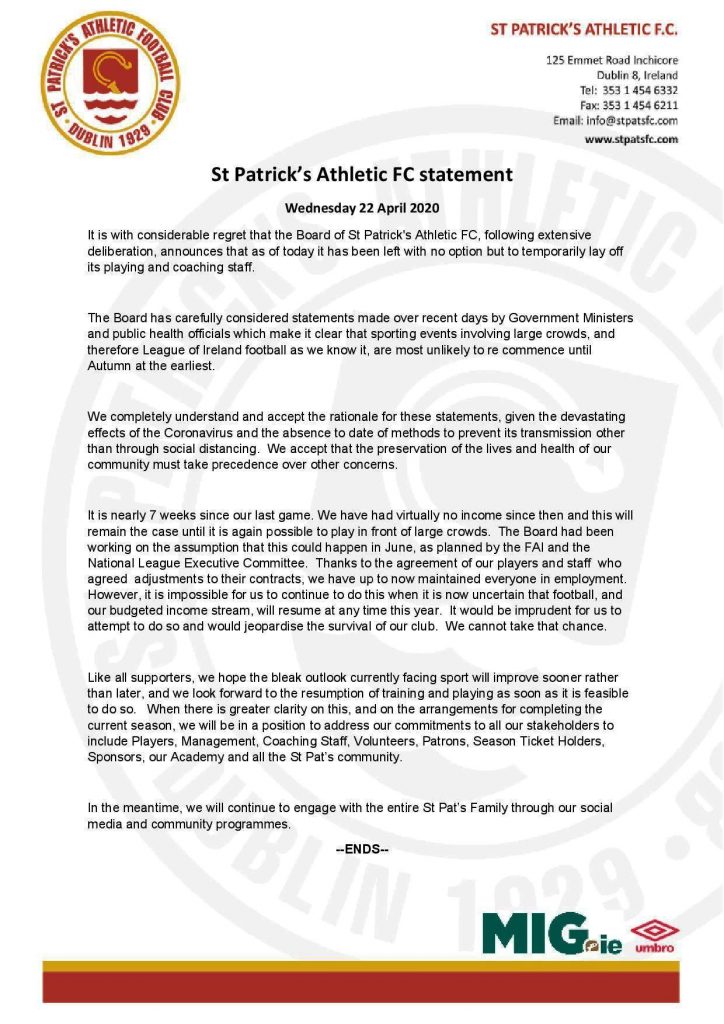 St Pats Covid Statement