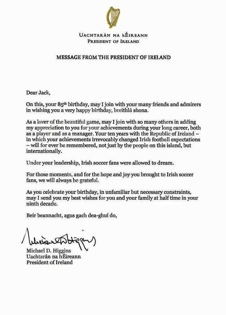 President Higgins Birthday Letter Big Jack