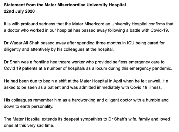 Mater Hospital Statement July 22 2020