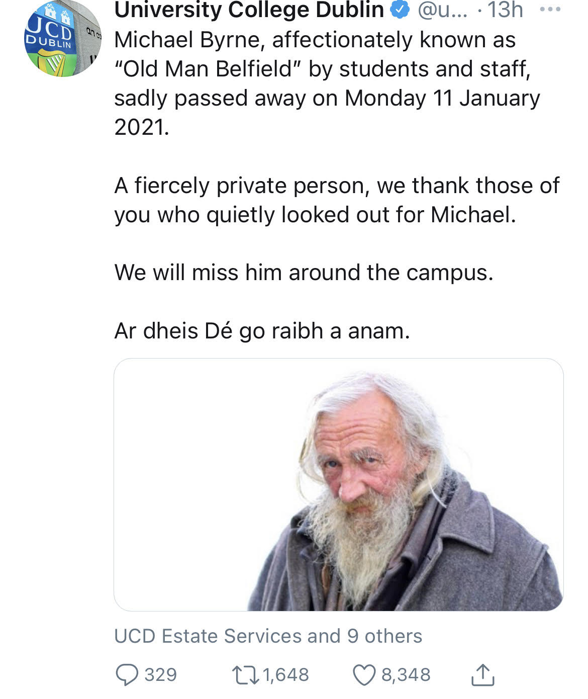 Tributes Paid To ‘Old Man Belfield’ Found Dead On UCD Campus, Tributes Paid To ‘Old Man Belfield’ Found Dead On UCD Campus
