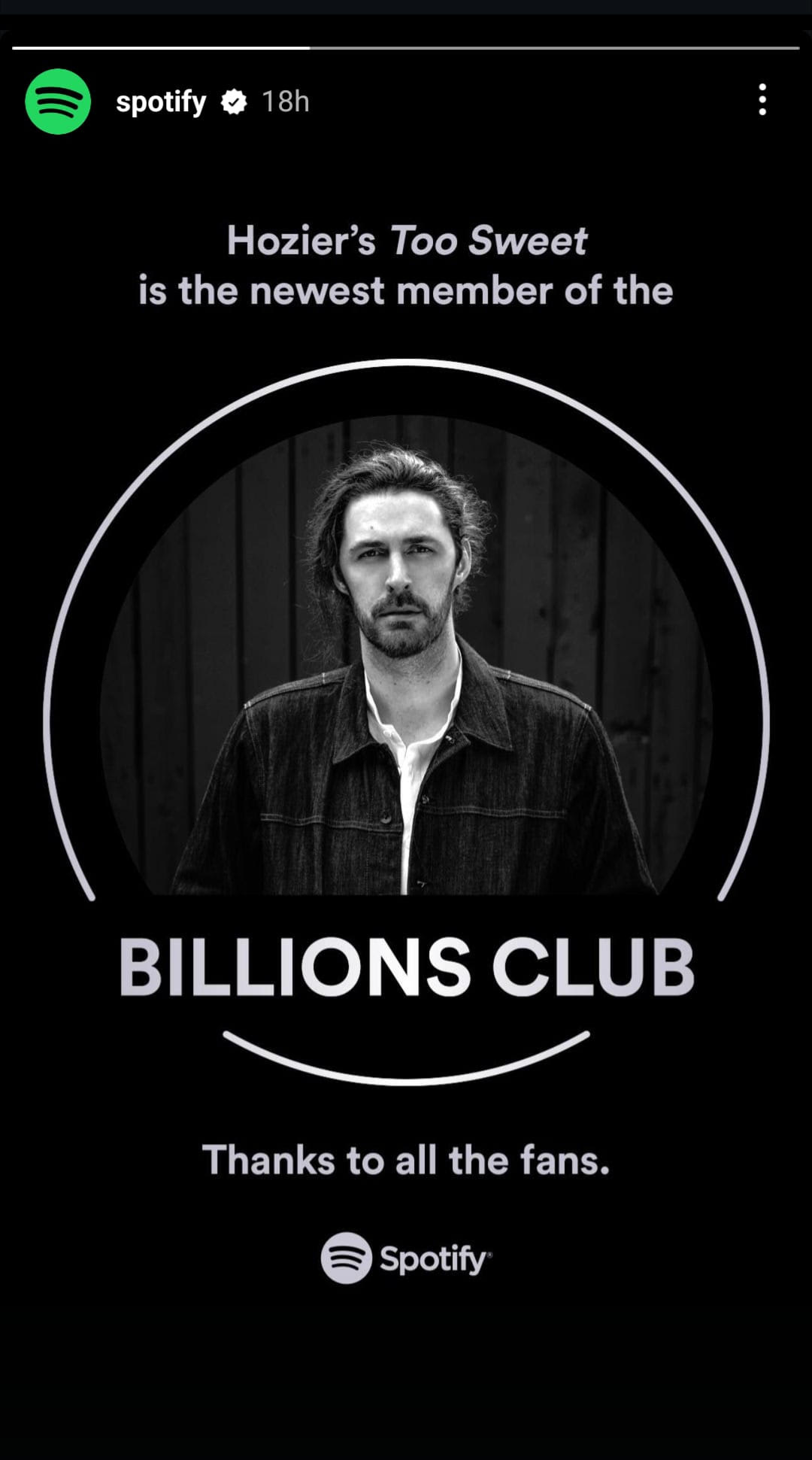 Hoziers Too Sweet Reaches One Billion Spotify Streams