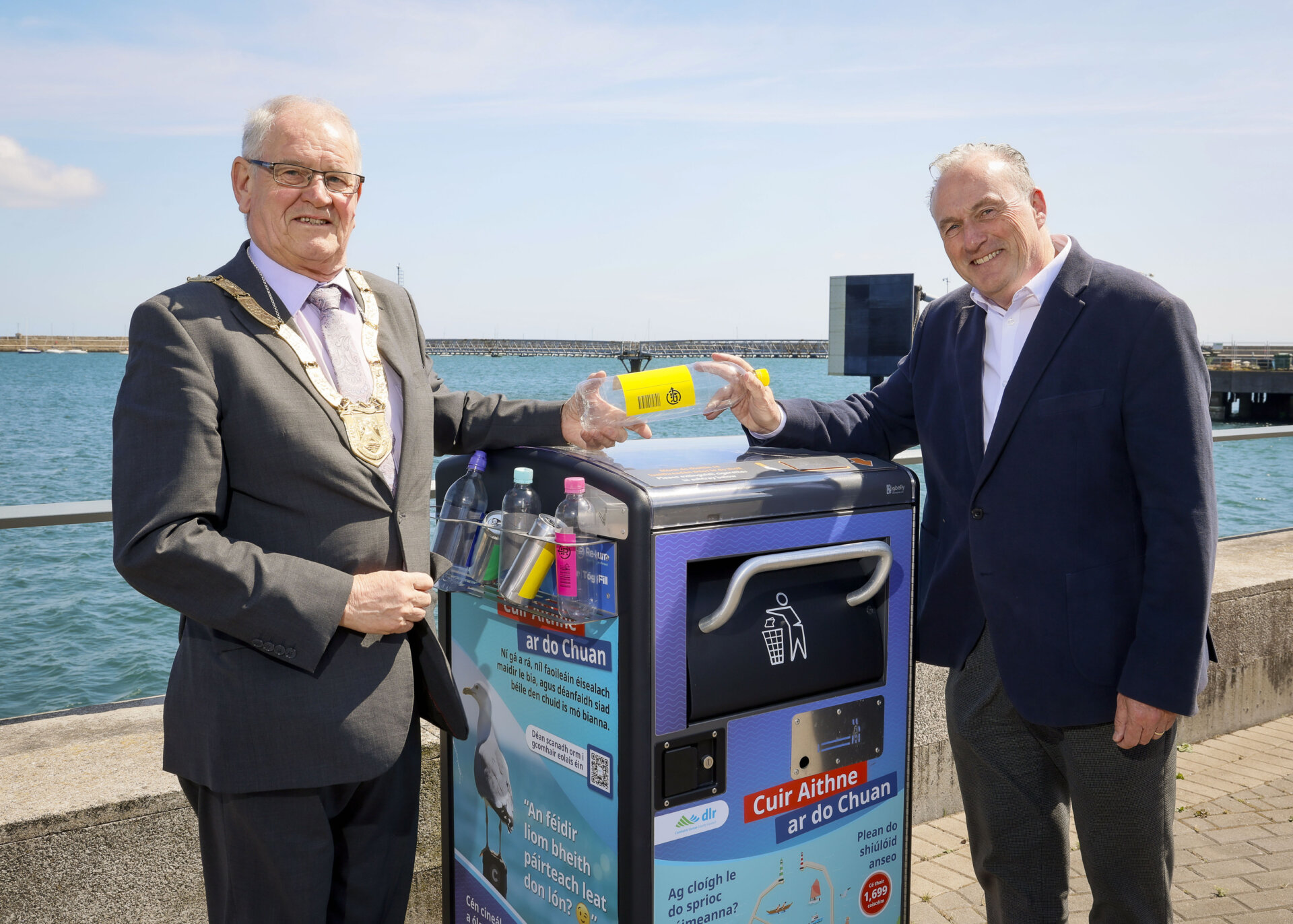 Cllr Jim Gildea, Cathaoirleach, Dún Laoghaire-Rathdown County Council and Ciaran Foley, CEO of Re-turn, at the launch of Re-turn’s 24 new bin surrounds in Dún Laoghaire Harbour. Image Credit: Peter Houlihan / Fennells Photography.