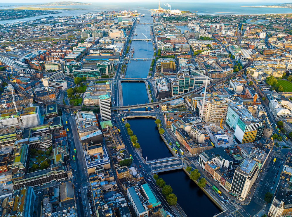 Aerial view of Dublin and river Liffey in summer, Ireland