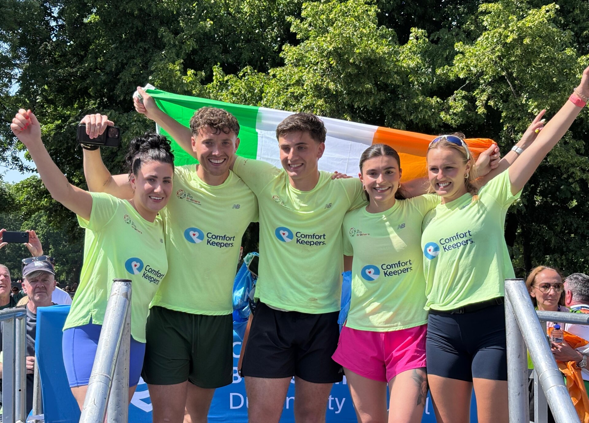 FTD Brothers' Family. Their sister Kennedy, FTD Brother Jordan, FTD Brother Cian, Cian's Partner Helen and Jordan's wife Agnes. The FTD Brothers celebrate completing their 33 marathons through Ireland challenge in Merrion Square, Dublin.
