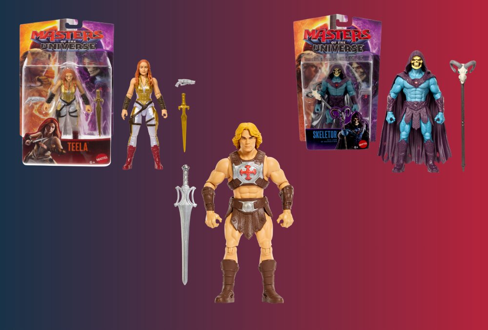 Mattel Inc. 2026, MASTERS OF THE UNIVERSE Action figures. Pictured: He-Man, Skeletor, Teela