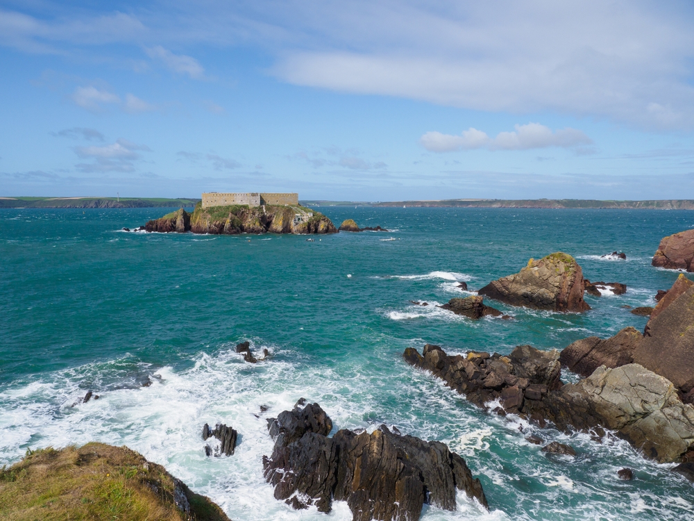 Thorne Island at the coast of Pembroke Shire in Wales. Shutterstock