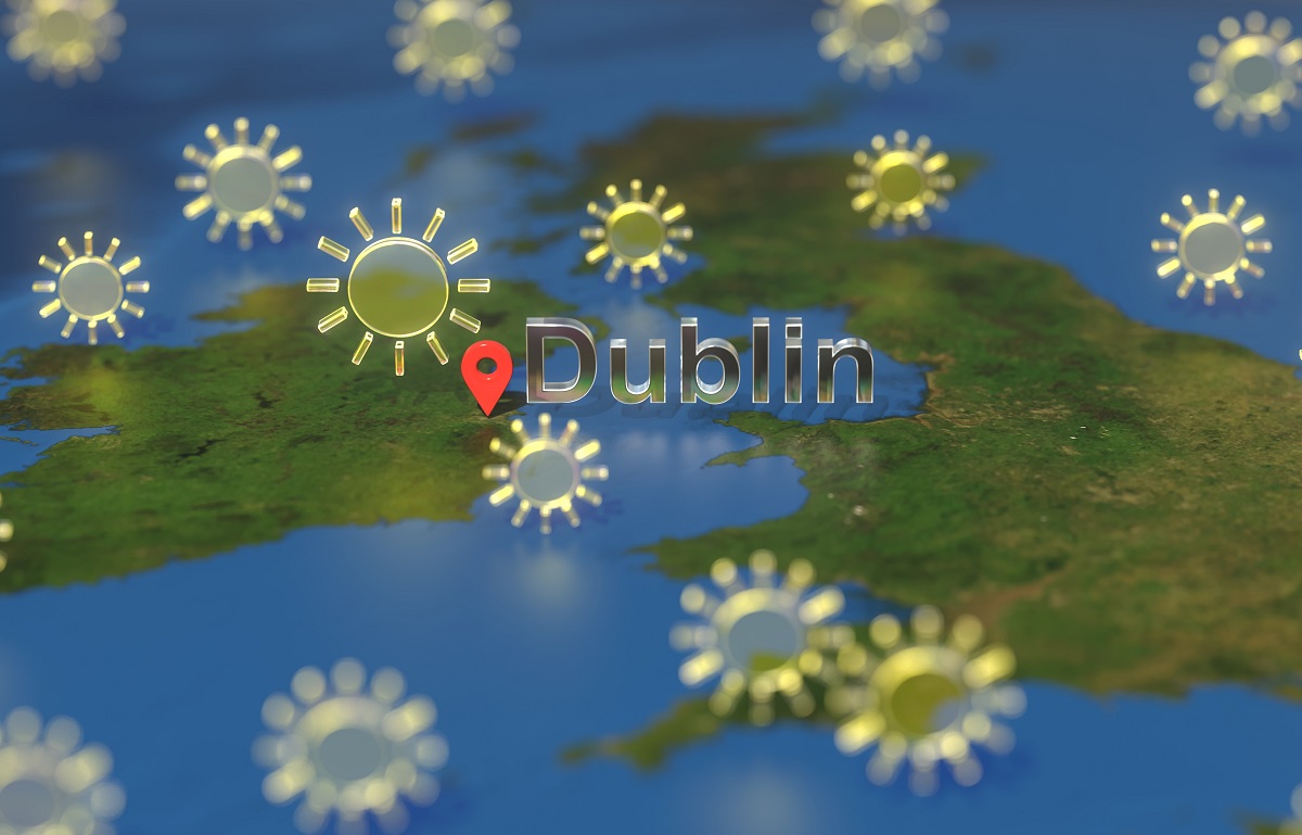 Dublin city and sunny weather icon on the map, weather forecast related 3D rendering. Image credit: Shutterstock