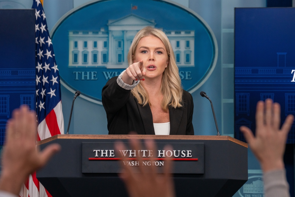 Press Secretary Karoline Leavitt at a White House Press Briefing. Photo credit, Joey Sussman, Shutterstock