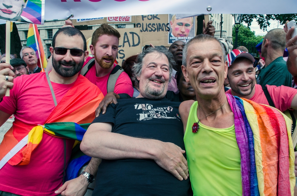 Sir Stephen Fry pictured with Pride activits in London Pride Parade, 2019. Photo credit: Koca Vehbi, Shutterstock